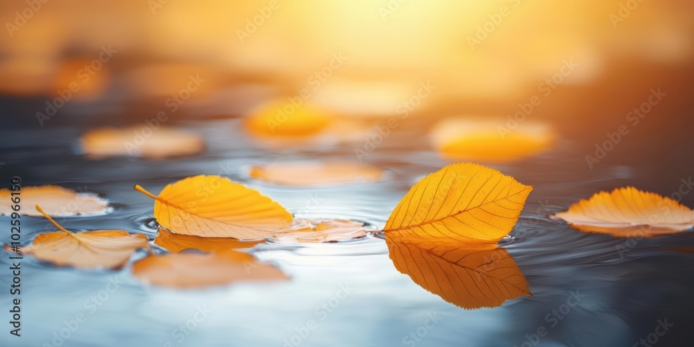 Golden autumn leaves floating on serene water surface, with warm sunlight illuminating the scene. Golden autumn leaves floating on serene water surface, with warm sunlight illuminating the scene.