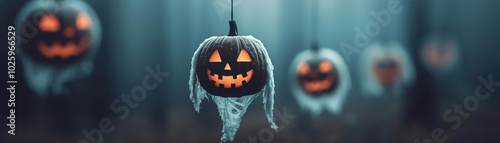 Hanging Halloween pumpkins with spooky faces in a misty forest setting, creating a festive atmosphere. photo