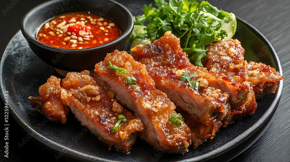 Grilled meat served with sauce and fresh greens, black plate Grilled meat served with sauce and fresh greens, black plate