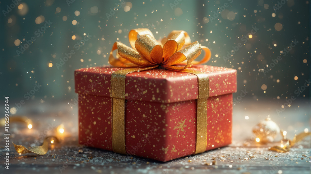 Festive Red Gift Box With Golden Ribbon and Sparkling Decorations