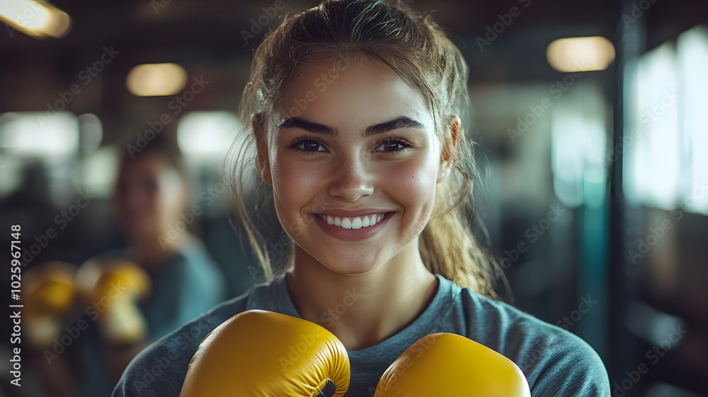 A smiling young female boxer with yellow gloves, standing in a dimly lit gym, her reflection visible on a mirror behind her, capturing her focus and energy A smiling young female boxer with yellow gloves, standing in a dimly lit gym, her reflection visible on a mirror behind her, capturing her focus and energy