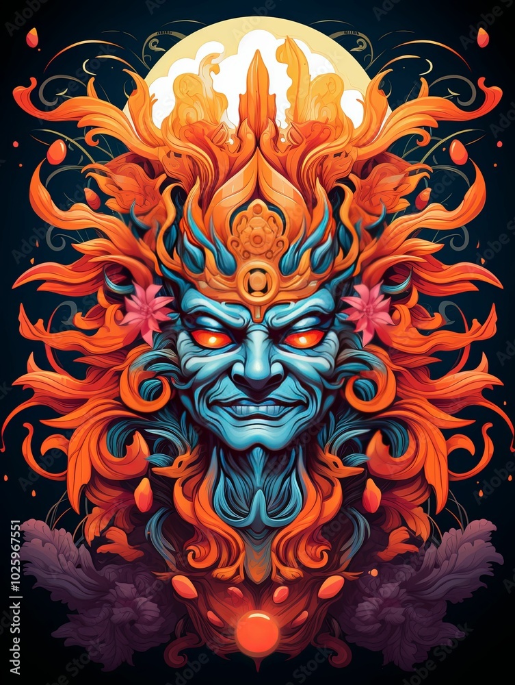 A stylized blue-skinned deity with orange hair and a crown, surrounded by floral details. A stylized blue-skinned deity with orange hair and a crown, surrounded by floral details.