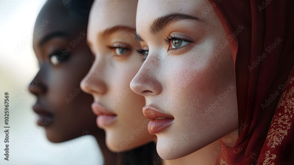 Close-up of diverse women of different ethnicities, studio setting, grey background, confident expressions, high-contrast lighting, fashion-forward style, sharp focus, 3D rendering