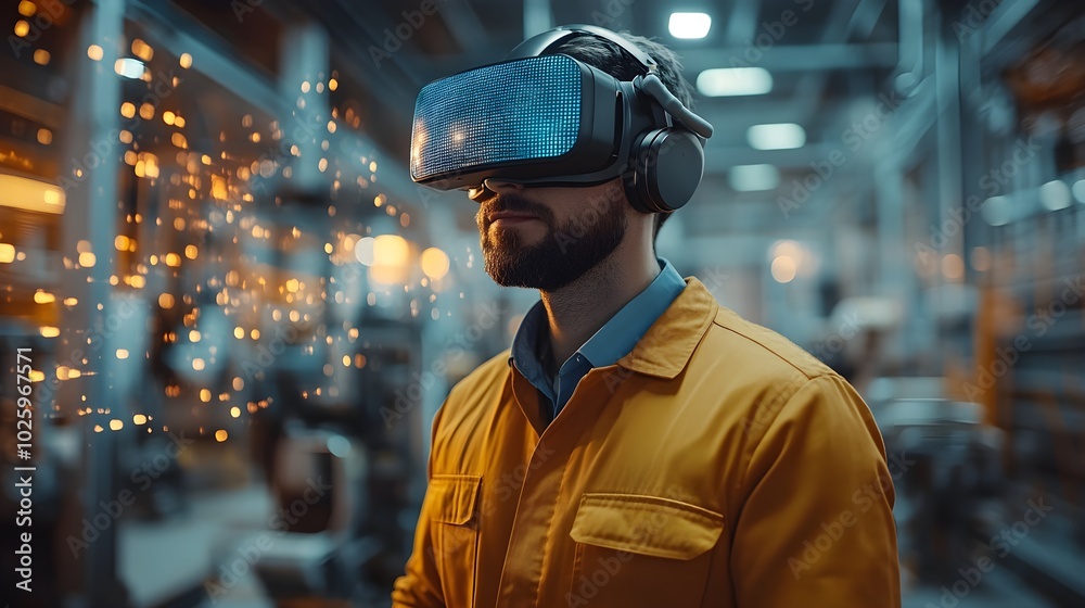 Close-up of an engineer controlling robotic systems via VR interface in an industrial setting, with holographic data projections and machinery all around Close-up of an engineer controlling robotic systems via VR interface in an industrial setting, with holographic data projections and machinery all around