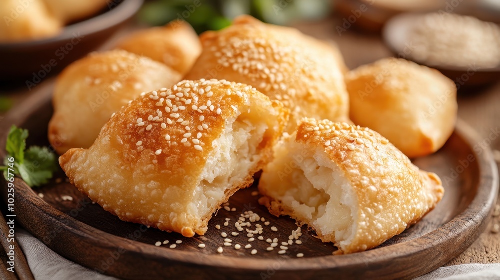 A detailed shot of patongko being pulled apart, revealing the fluffy interior and crispy exterior, with a sprinkle of sesame seeds on top. A detailed shot of patongko being pulled apart, revealing the fluffy interior and crispy exterior, with a sprinkle of sesame seeds on top.