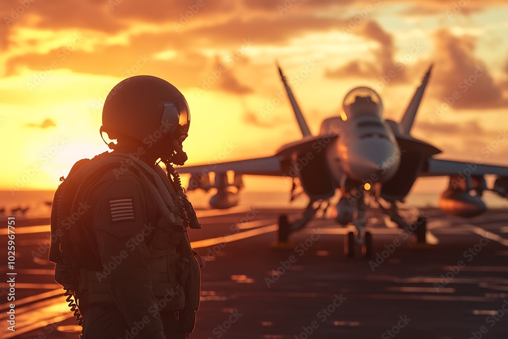 Fototapeta premium Pilot silhouette against sunset and fighter jet on aircraft carrier