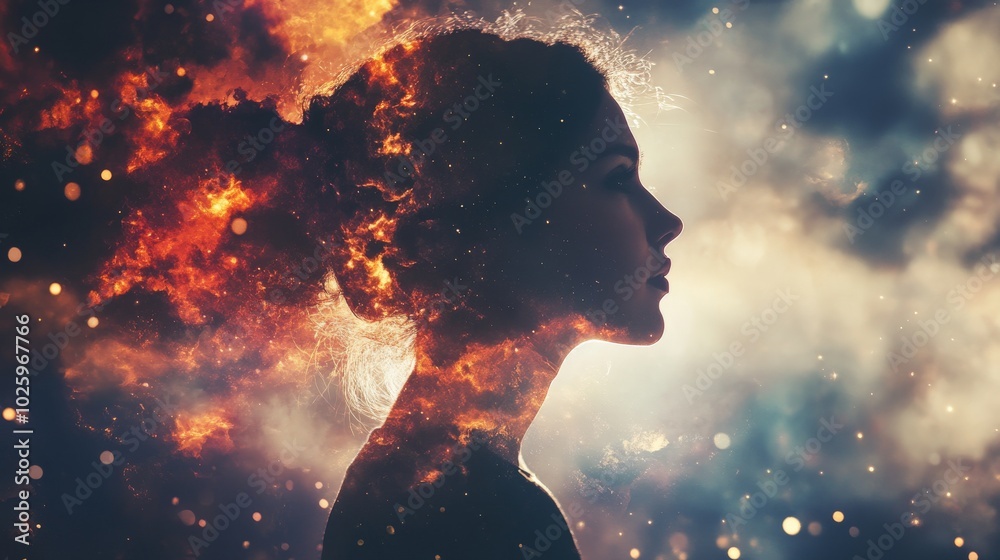 Silhouette of a woman with fire in her head against a cosmic background. Silhouette of a woman with fire in her head against a cosmic background.