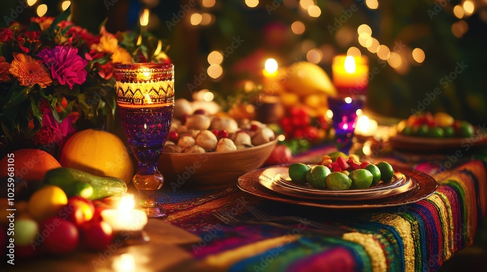 A festive table setting with patongko, vibrant decorations, and candles, creating a warm and inviting atmosphere for sharing. A festive table setting with patongko, vibrant decorations, and candles, creating a warm and inviting atmosphere for sharing.