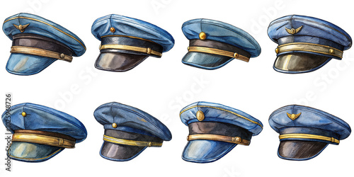 Hand Drawn illustration set of pilot s cap . isolate on a white background. PNG
 photo