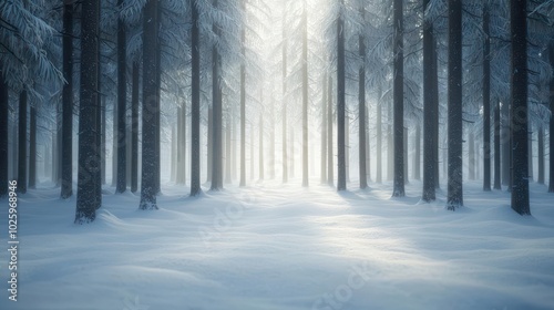 Serene winter forest with snow-covered ground and tall trees, bathed in soft light, evoking tranquility and peace.