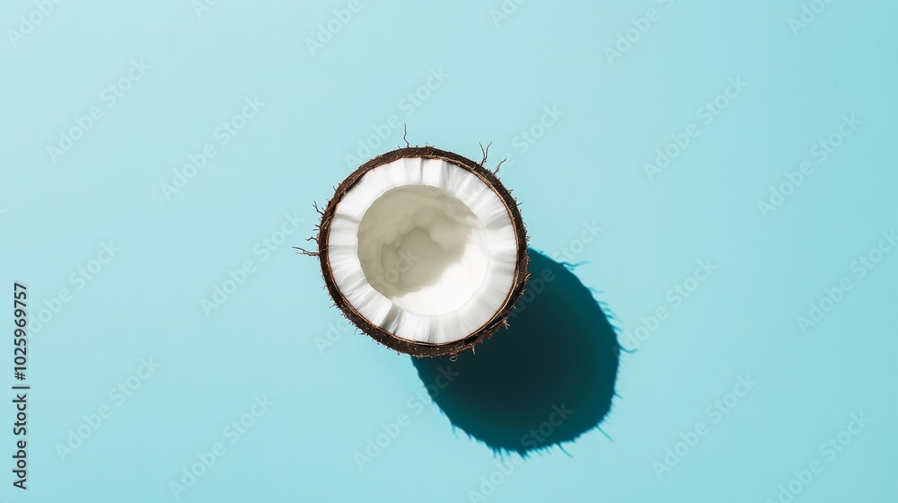 Fototapeta premium Tropical Freshness - Half Coconut on Sky Blue Background, Top View