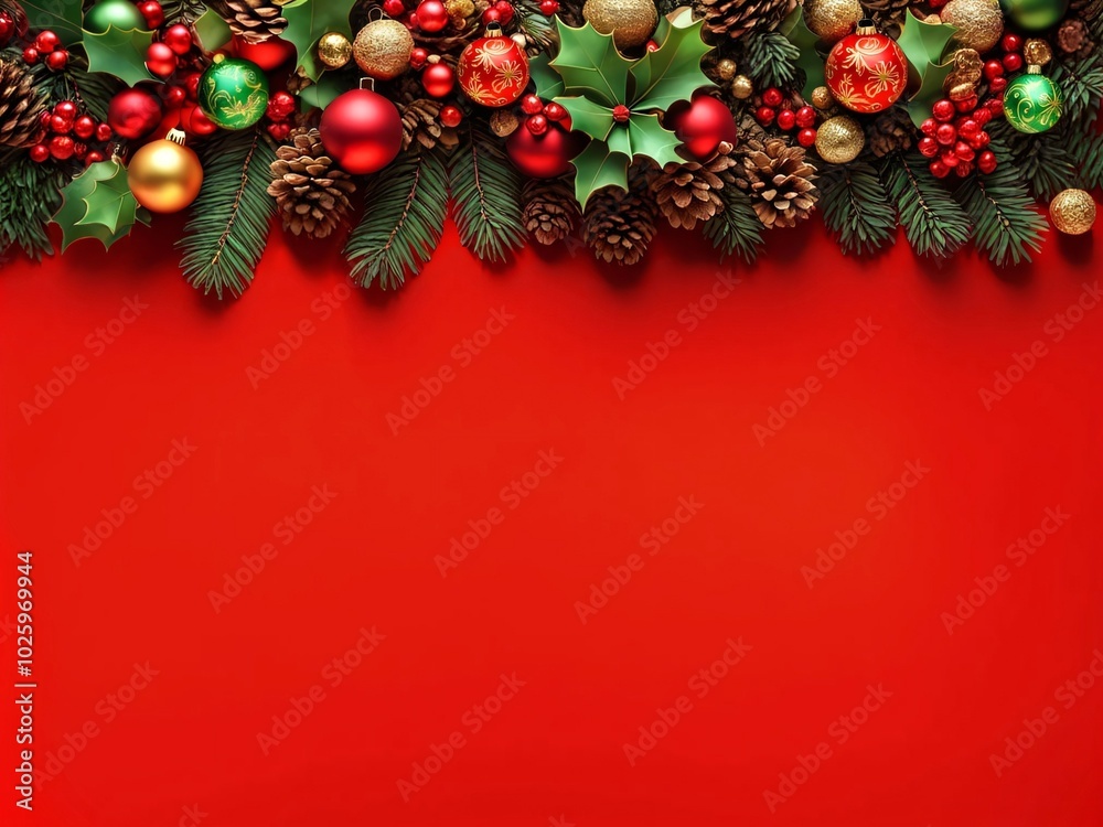 Christmas decoration greeting card top border, holly pine colourful bauble pine cone red background, copy space Christmas decoration greeting card top border, holly pine colourful bauble pine cone red background, copy space