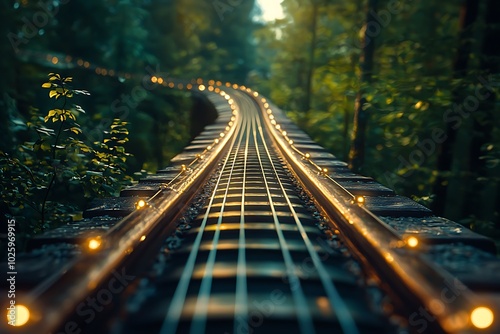 A scenic view of a winding railway track through a lush forest. photo