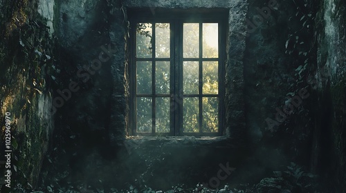 Abandoned window surrounded by greenery and shadows.