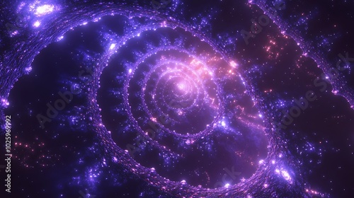 Abstract cosmic spiral with vibrant purple colors and stars.