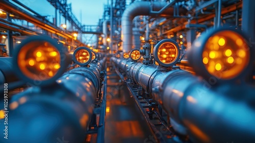 Industrial pipelines illuminated at dusk in a manufacturing facility