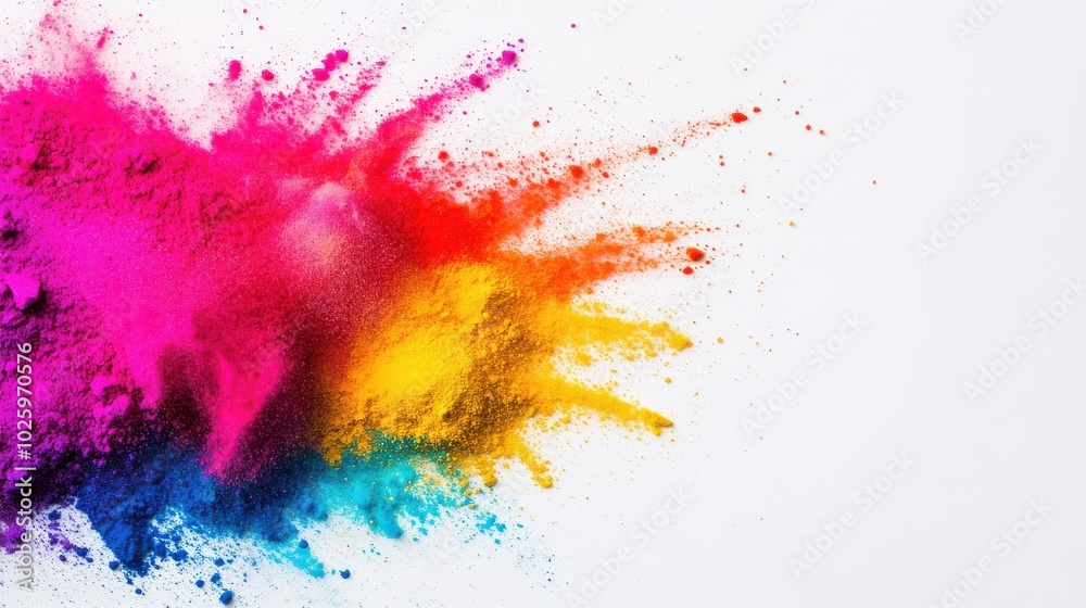 Explosive burst of vibrant colored powder on white background Explosive burst of vibrant colored powder on white background