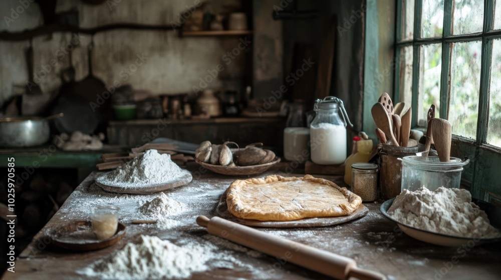 A rustic kitchen setting with homemade patongko on the countertop, surrounded by flour, rolling pins, and other baking ingredients.