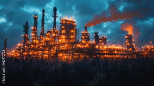 Industrial complex illuminated at night with smoke rising under dramatic clouds