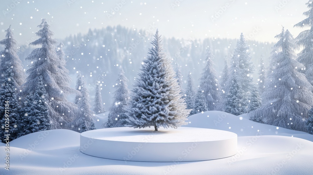 Fototapeta premium 3d podium and Christmas tree in Snow winter night background,Merry Christmas,Happy new year banner,Vector illustration,Abstract minimal scene,Vector illustration,Snowy winter sunset,banner Holiday.