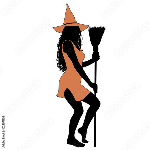 Silhouette of Halloween witch in orange party costume with broom. Halloween vector design.