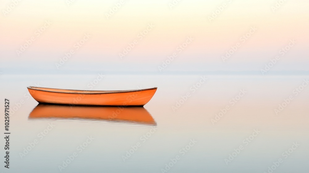 A Single Orange Rowboat on a Calm Lake at Sunset A Single Orange Rowboat on a Calm Lake at Sunset