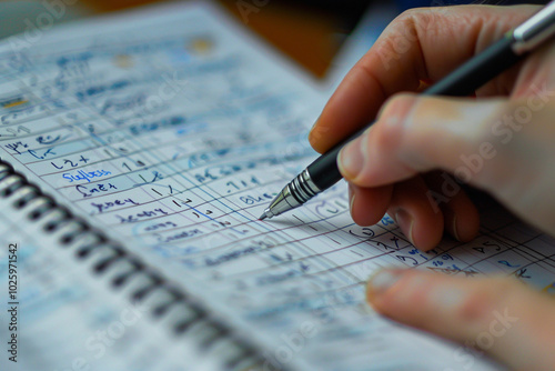 Close-up of a policy maker's hand writing notes on a report about quantitative easing measures
