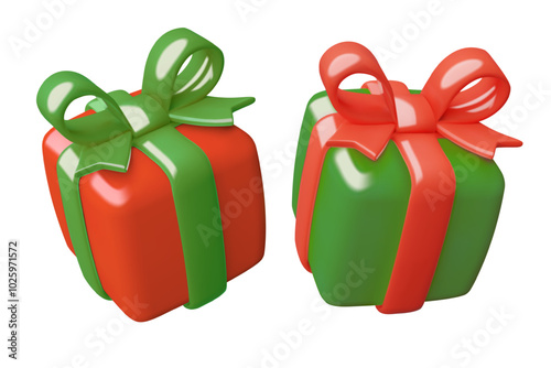 3d vector gift boxes with green and red bows. Cute Christmas present icon isolated on white background.