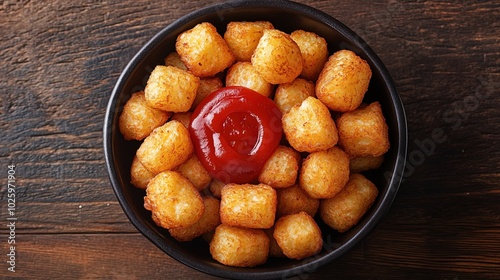 Delicious golden tater tots served with ketchup photo