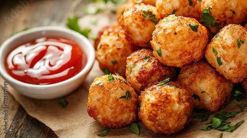 Delicious golden tater tots served with ketchup photo