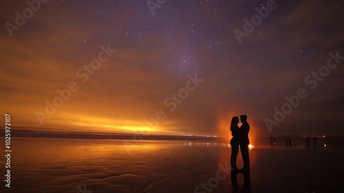 Silhouetted Couple Embracing Under a Starry Night Sky on a Beach