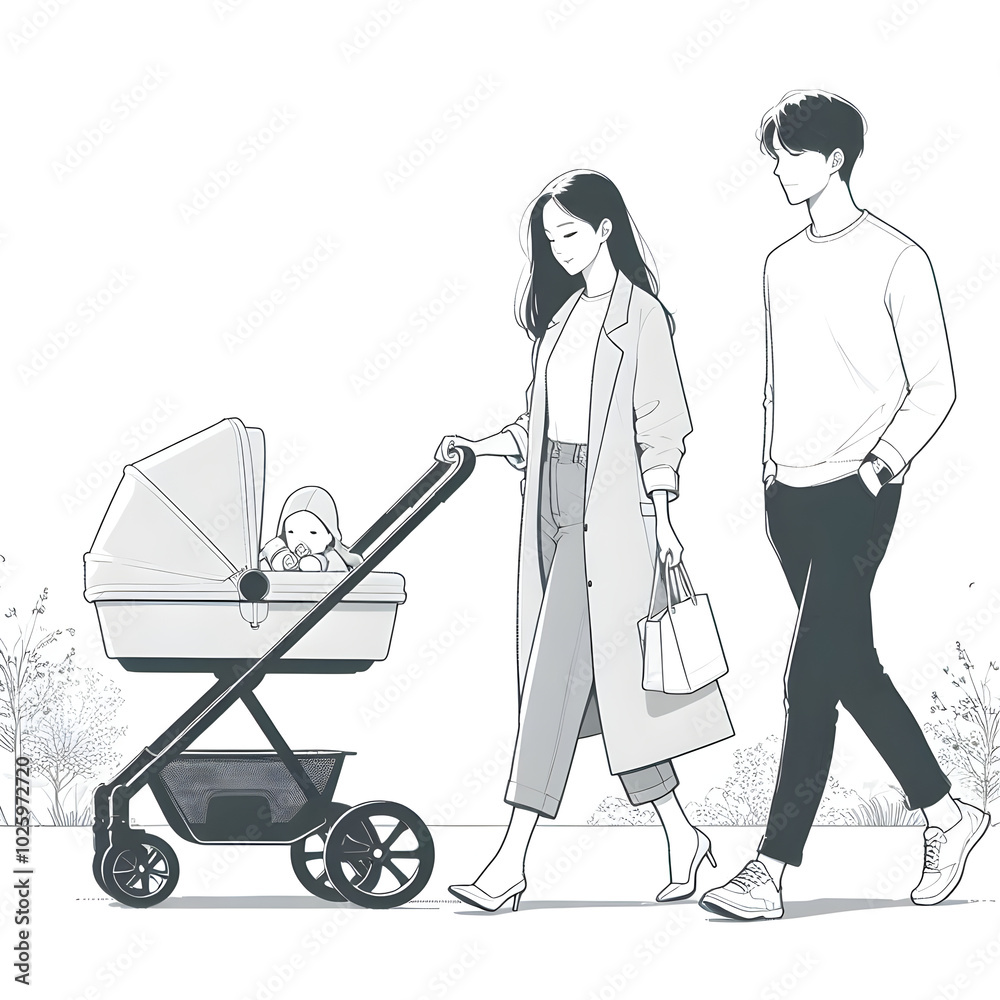 Fashionable young parents strolling through the park with their baby in a stroller Fashionable young parents strolling through the park with their baby in a stroller