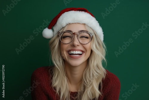 Photo portrait blonde woman in santa hat laughing wearing funny glasses isolated green color background 