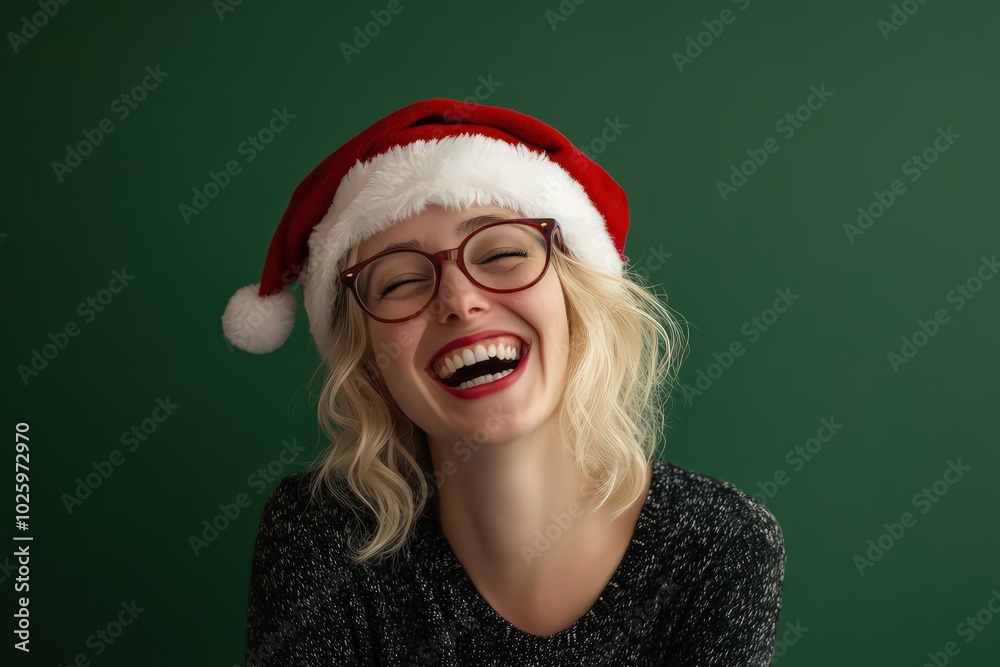 Photo portrait blonde woman in santa hat laughing wearing funny glasses isolated green color background Photo portrait blonde woman in santa hat laughing wearing funny glasses isolated green color background