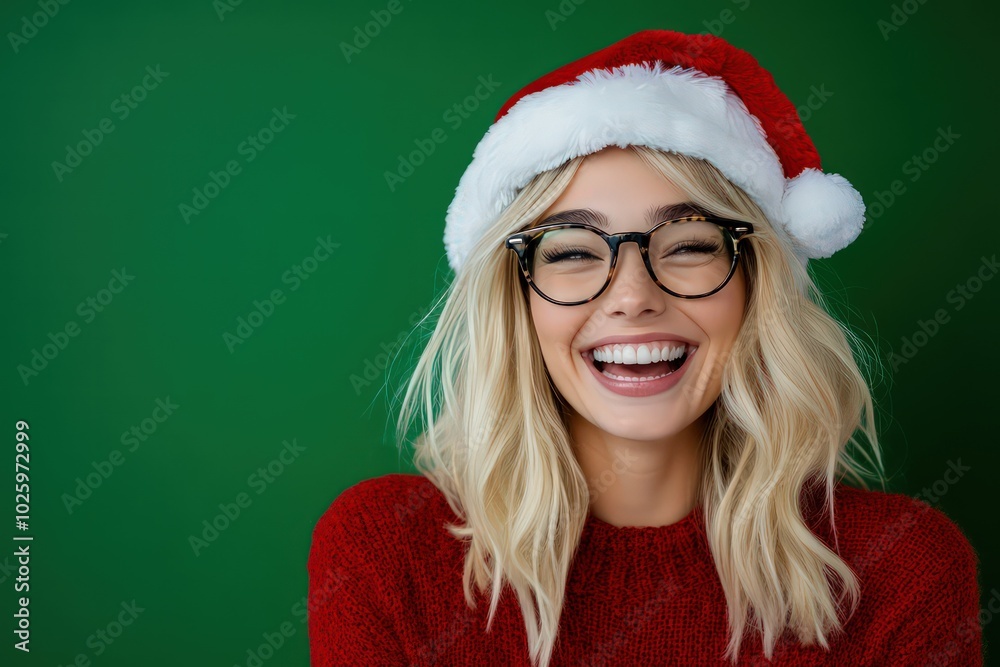 Photo portrait blonde woman in santa hat laughing wearing funny glasses isolated green color background Photo portrait blonde woman in santa hat laughing wearing funny glasses isolated green color background
