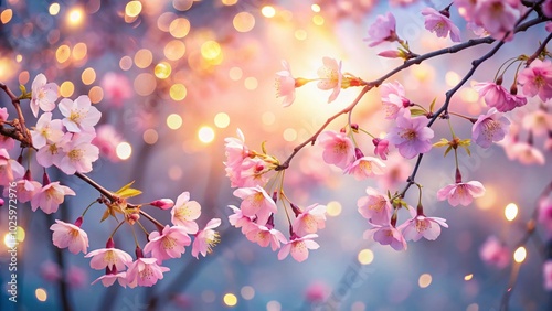 Long Exposure of Pink Cherry Blossom Flowers with Bokeh Lights for Serene Spring Aesthetic