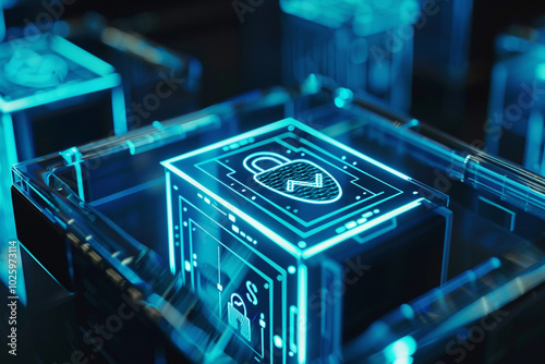 Close-up of a secure electronic ballot box with encryption symbols modern design