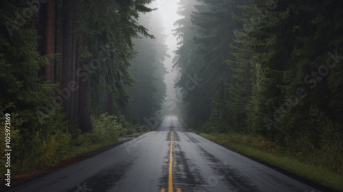 Rural road through misty forest