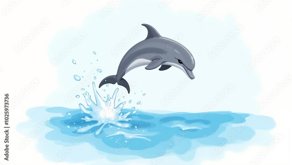 Cartoon dolphin jumping out of the water with splashes on a light background, perfect for marine or playful concept Cartoon dolphin jumping out of the water with splashes on a light background, perfect for marine or playful concept