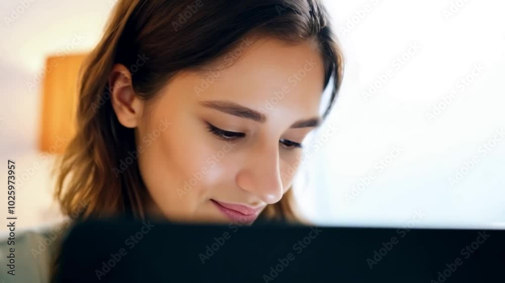 Engaged young woman focuses on her laptop while studying in a cozy room Engaged young woman focuses on her laptop while studying in a cozy room