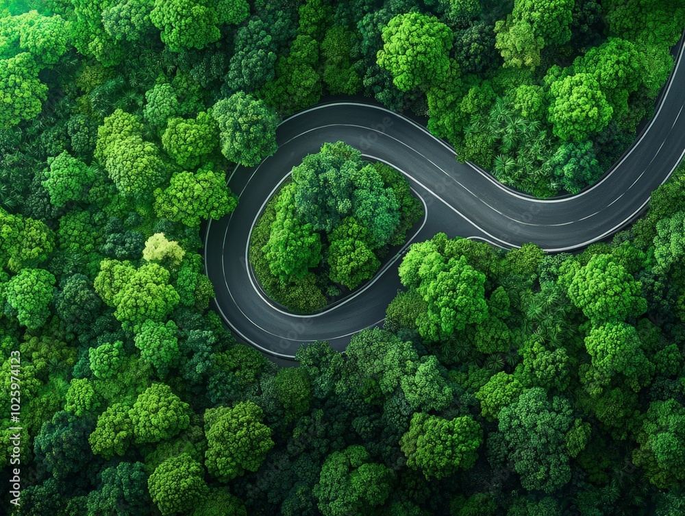 Breathtaking Aerial View of Winding Highway Through Forest