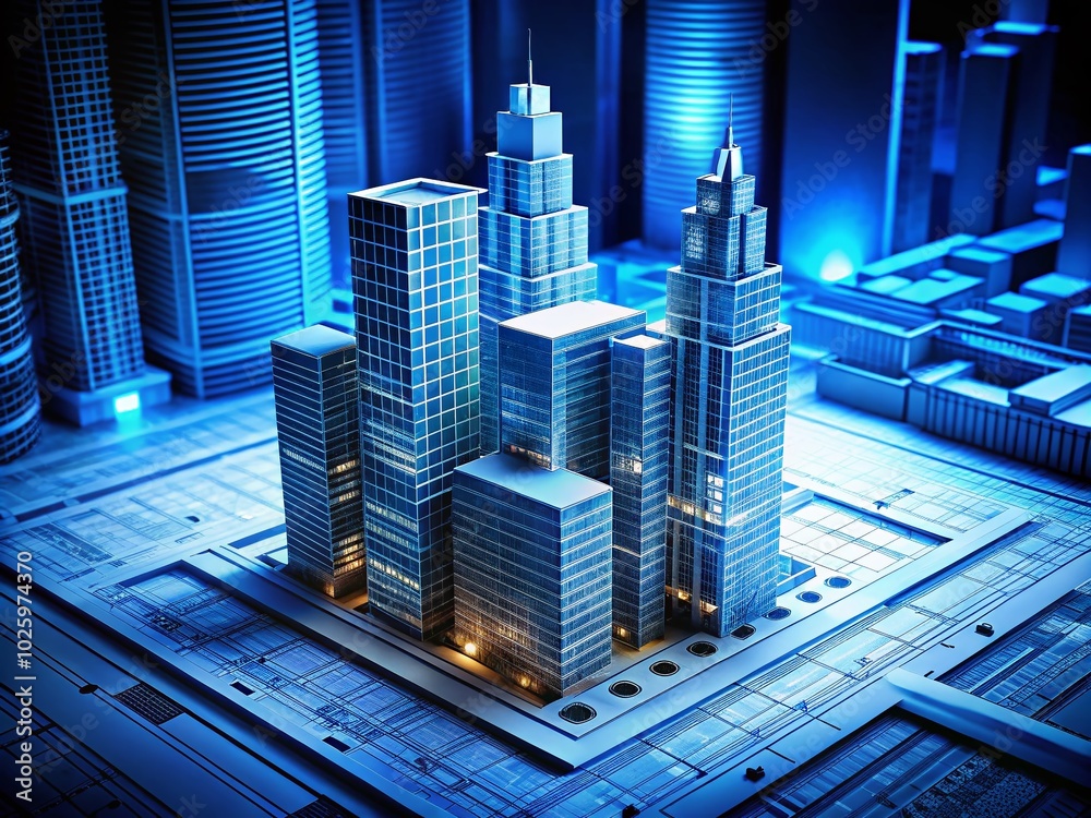 Obraz premium Low Light Photography of Skyscraper Blueprints with Dramatic Shadows and Highlights