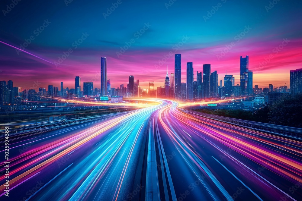 Fototapeta premium Bustling Highway at Dusk with Light Trails