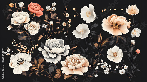 Wallpaper Mural A black and white floral painting with a variety of flowers including roses Torontodigital.ca