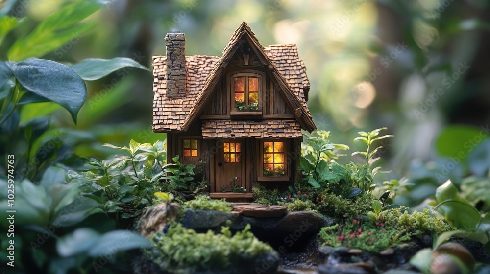 Charming miniature wooden house surrounded by greenery Charming miniature wooden house surrounded by greenery