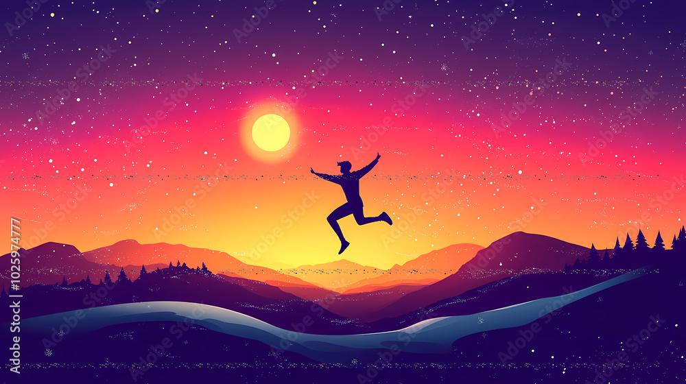 Obraz premium Welcome Merry Christmas in 2025. A young man jump between 2024 and 2025 years over the sun and through on the gap of hill silhouette evening colorful sky. Happy new year.2025