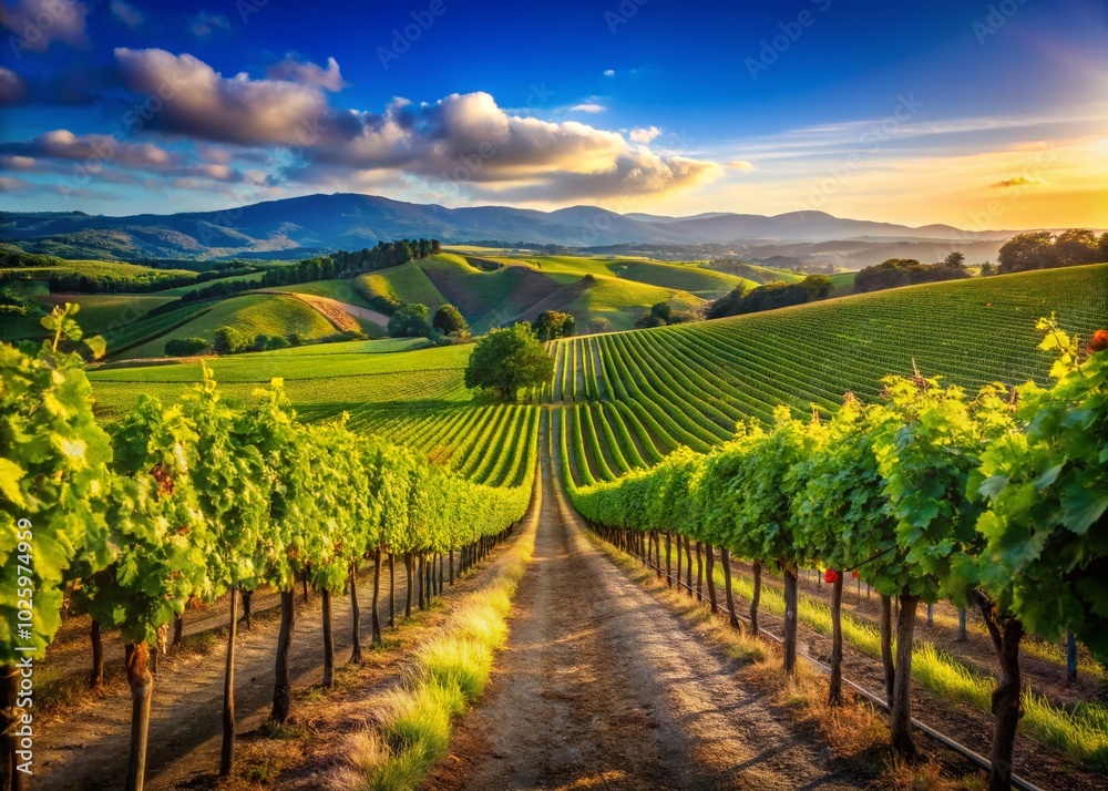 Fototapeta premium Lush Vineyard Landscape with Grapevines and Rolling Hills for Wine Lovers