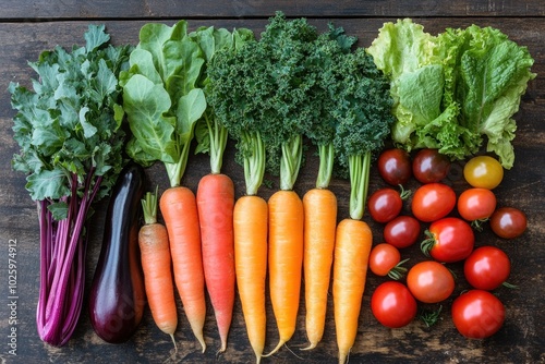 A variety of fresh vegetables, including kale, carrots, tomatoes, lettuce, and eggplant, arranged in a rainbow pattern on a wooden table.