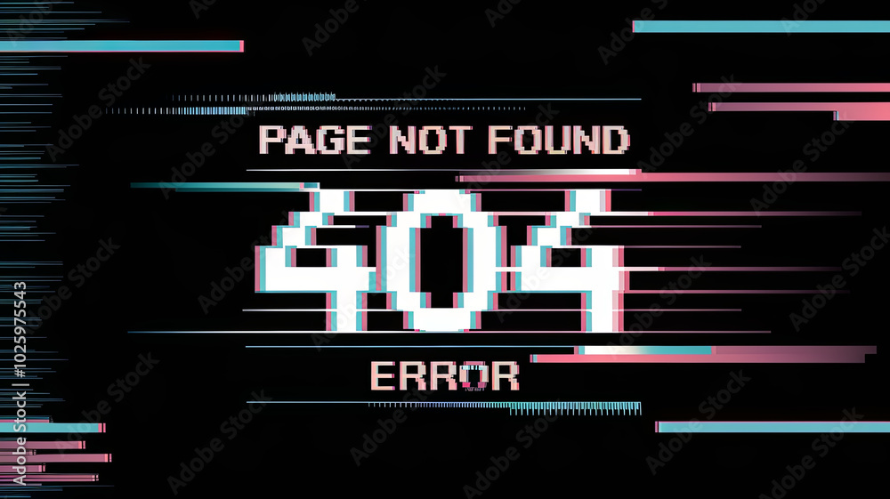Obraz premium Pixelated 404 error message with glitched and broken lines.