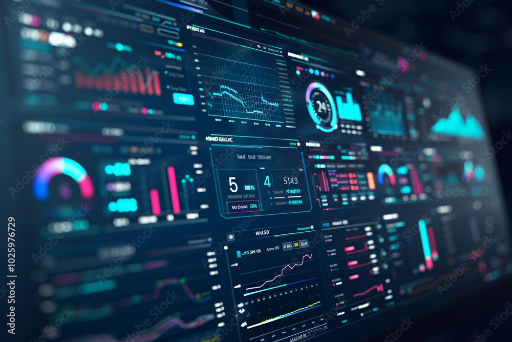 Close-up of an AI-powered analytics dashboard, illustrating the precision and efficiency brought to data analysis by machine learning Close-up of an AI-powered analytics dashboard, illustrating the precision and efficiency brought to data analysis by machine learning